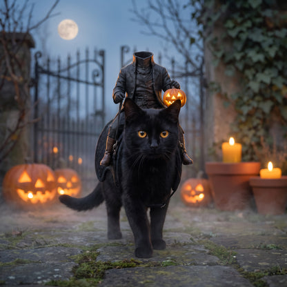 Black cat wearing the Headless Horseman rider costume in a moonlit Halloween garden