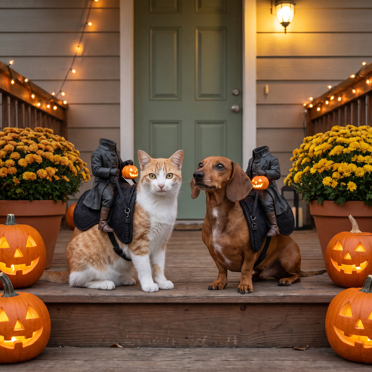 A cat and a dachshund both wearing the Headless Horseman rider costume on a Halloween porch