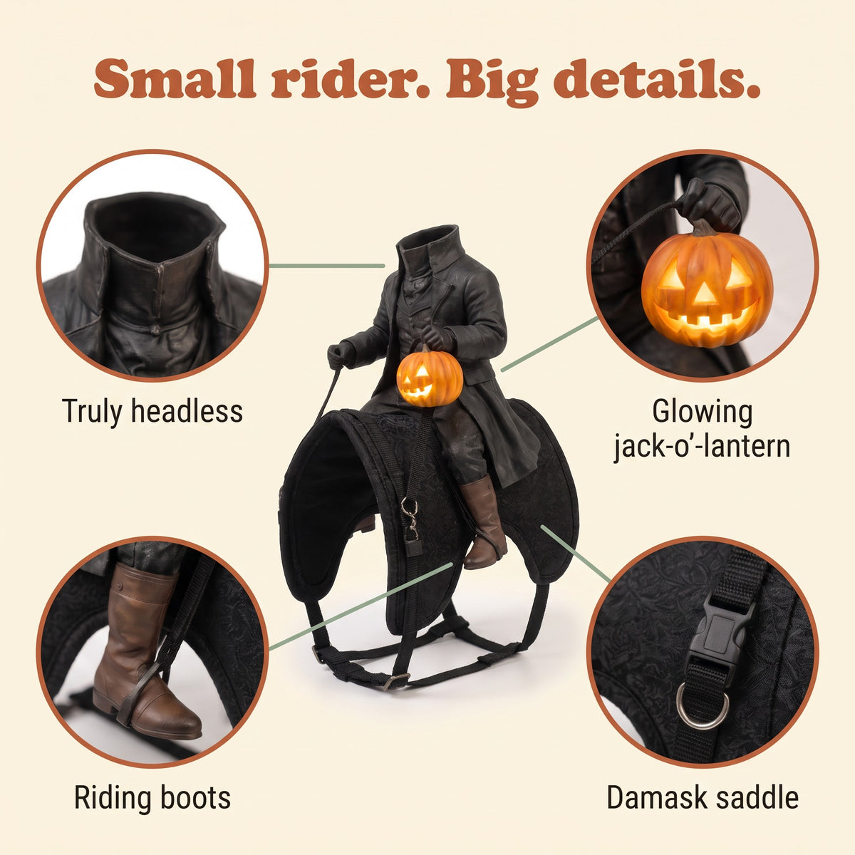 Close-up details: headless collar, glowing jack-o'-lantern, riding boots and damask saddle