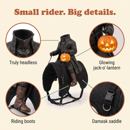 Close-up details: headless collar, glowing jack-o'-lantern, riding boots and damask saddle