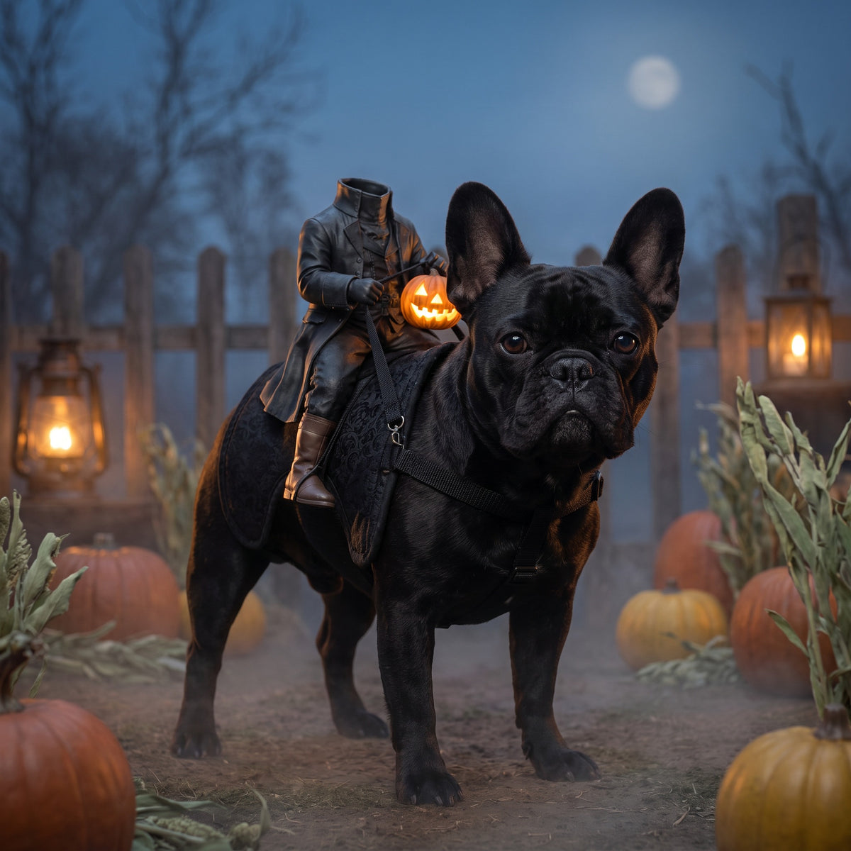 French bulldog wearing the Headless Horseman rider costume in a pumpkin patch