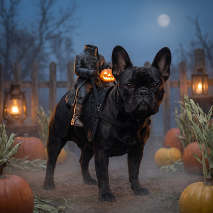 French bulldog wearing the Headless Horseman rider costume in a pumpkin patch