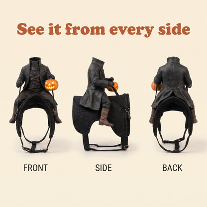 Headless Horseman rider costume seen from the front, side and back