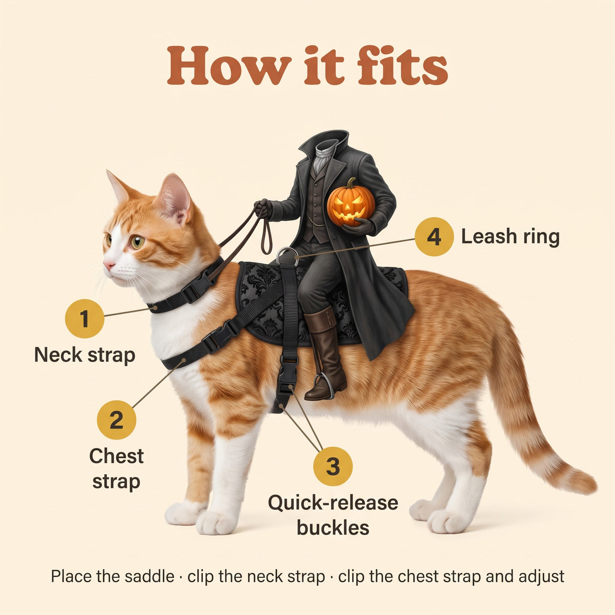 How the costume fits a cat: neck strap, chest strap and quick-release buckles