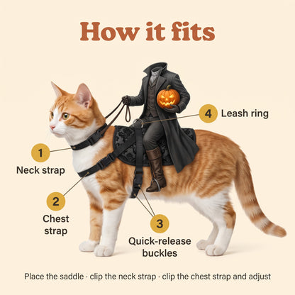 How the costume fits a cat: neck strap, chest strap and quick-release buckles