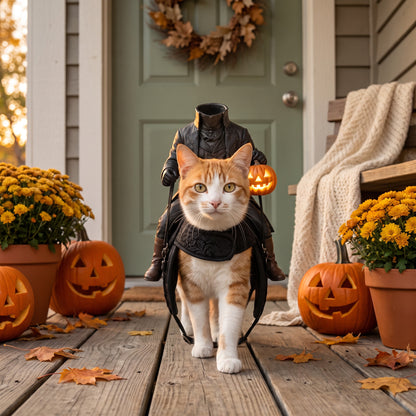 Orange cat walking in the Headless Horseman costume on an autumn porch