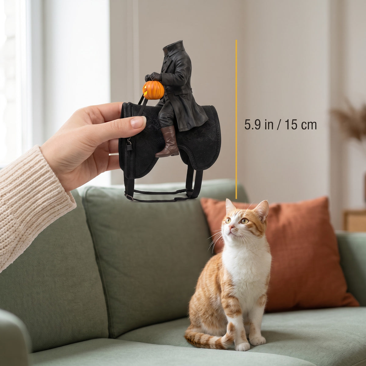 The 5.9 inch rider held in hand next to a cat for scale