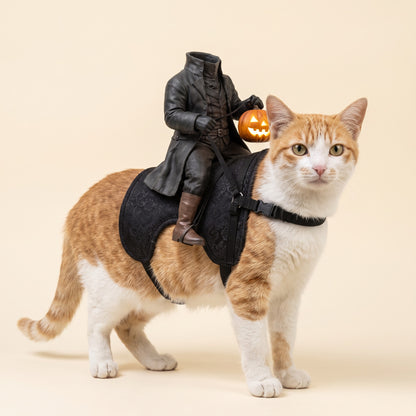 Orange and white cat wearing the Headless Horseman rider costume with a glowing jack-o'-lantern