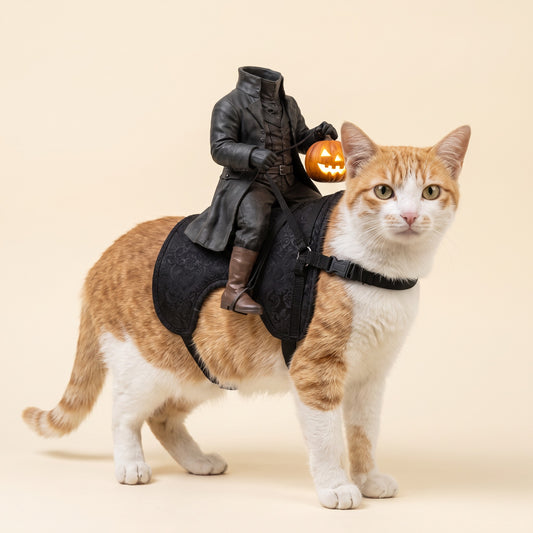 Orange and white cat wearing the Headless Horseman rider costume with a glowing jack-o'-lantern